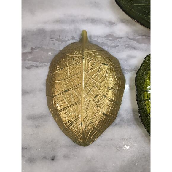 Pressed Glass Leaves Set, Green Decorative Leaves, Gold Paint Trim, Set of 4‎ - Picture 3 of 9